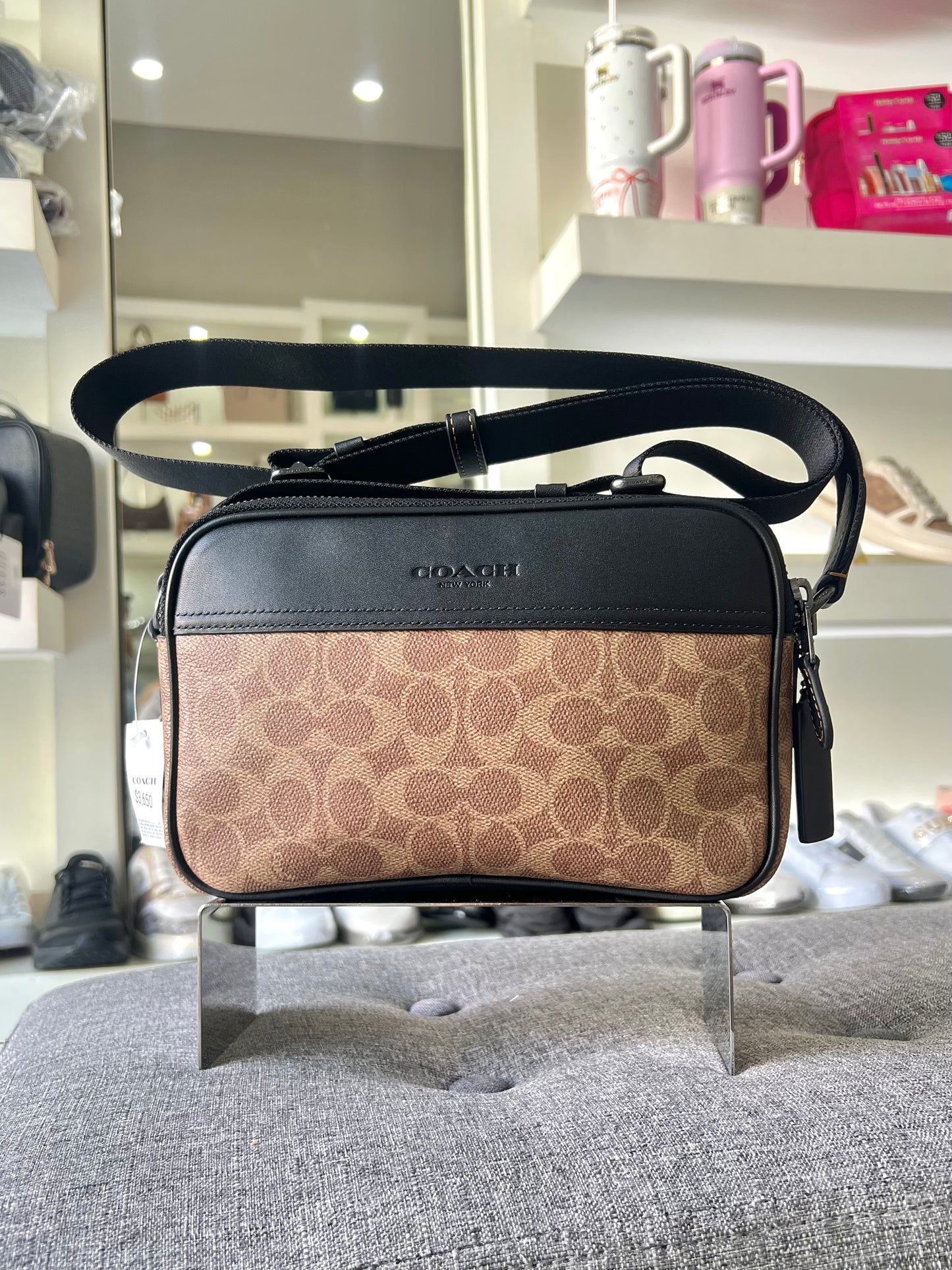 Crossbody Coach cafe estampada con negro hombre