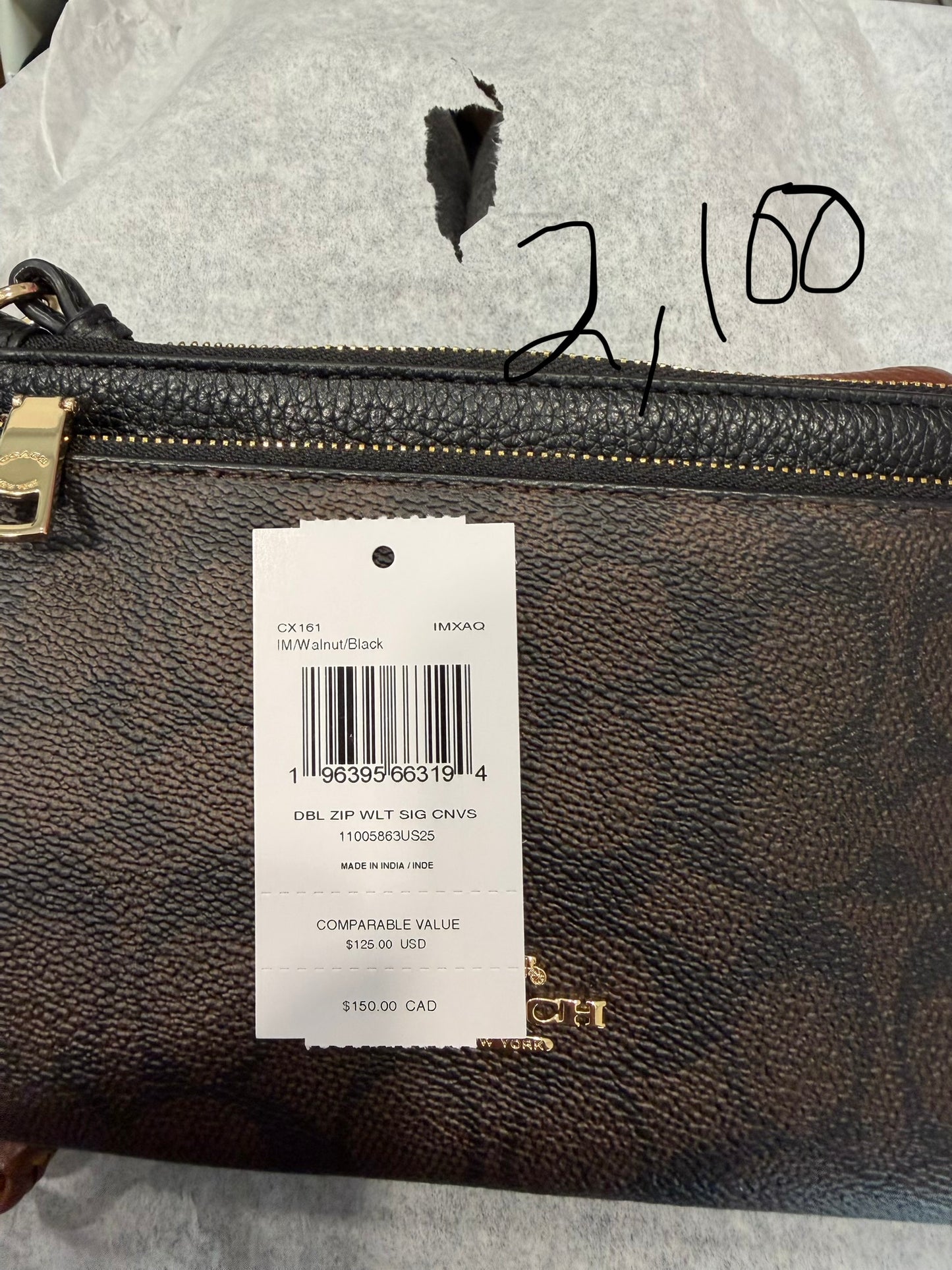 Muñequera Coach grande doble cierre estampada negra cafe obscuro
