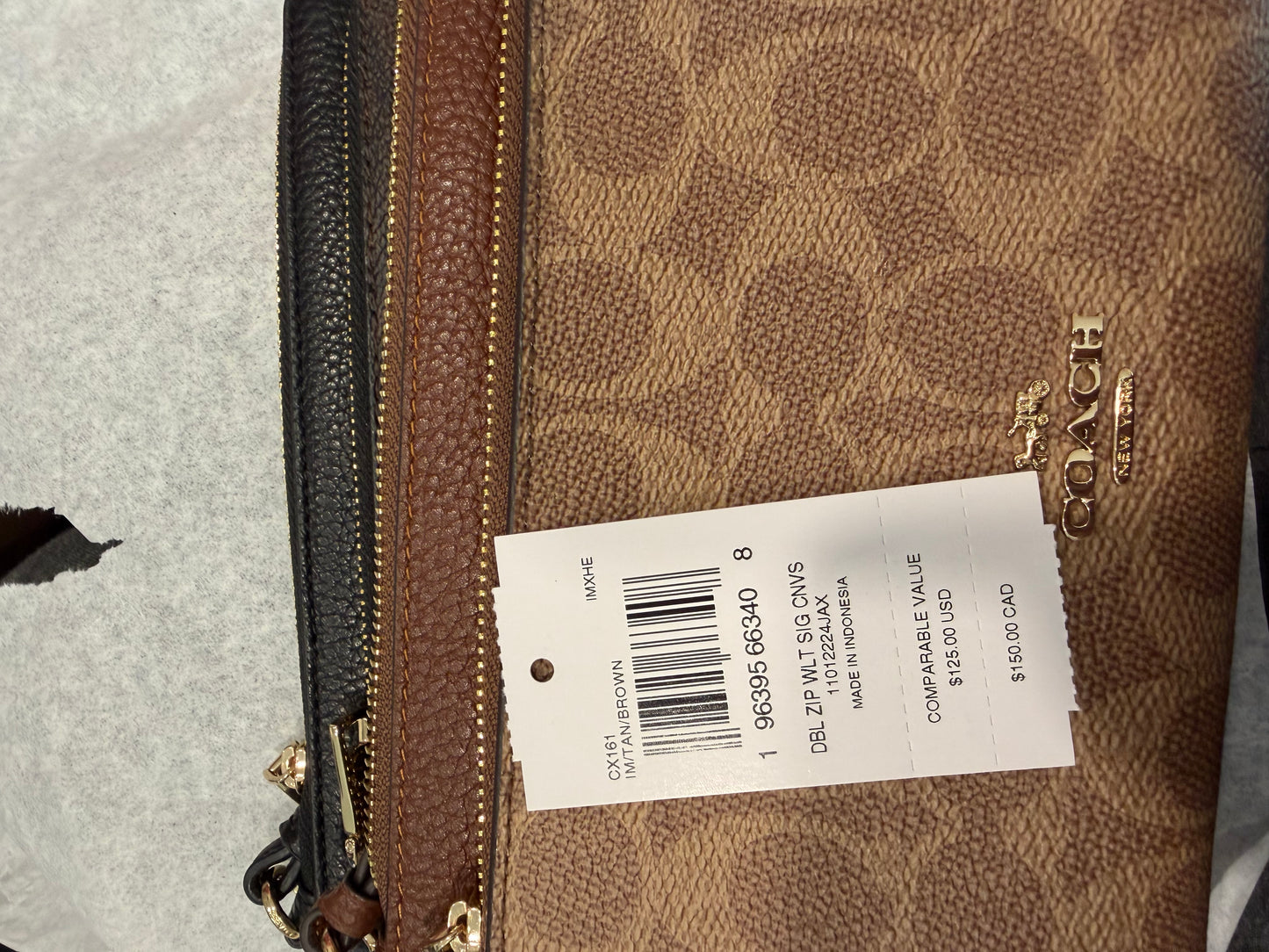 Muñequera Coach grande doble cierre estampada cafe camel