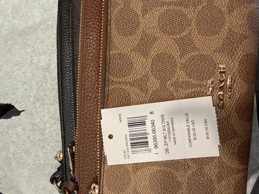 Muñequera Coach grande doble cierre estampada cafe camel